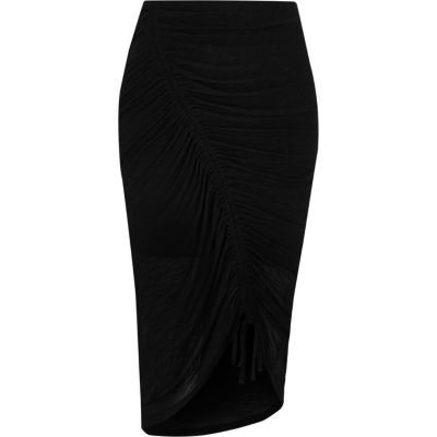 Black diagonal ruched midi pencil skirt